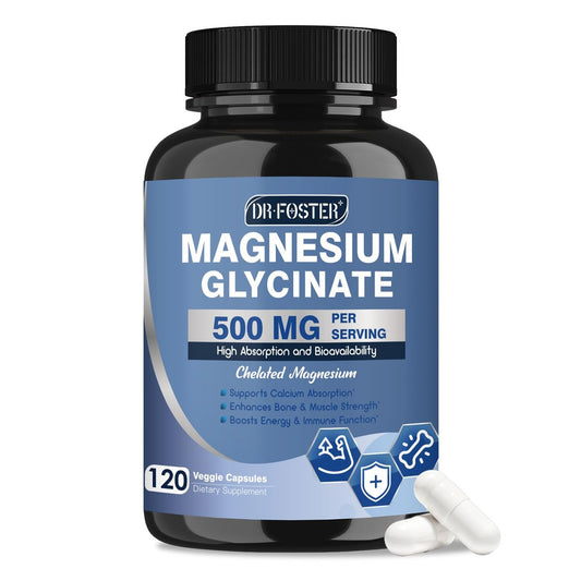 DRFOSTER Magnesium Glycinat 500mg mit Zink & Vitamin D3, Hochabsorbierendes Chelat-Magnesium-Glycinat für Schlaf, Muskel- & Knochenunterstützung, Wadenkrämpfe, Non-GMO - 120 vegane Kapseln