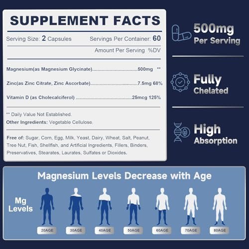 DRFOSTER Magnesium Glycinat 500mg mit Zink & Vitamin D3, Hochabsorbierendes Chelat-Magnesium-Glycinat für Schlaf, Muskel- & Knochenunterstützung, Wadenkrämpfe, Non-GMO - 120 vegane Kapseln