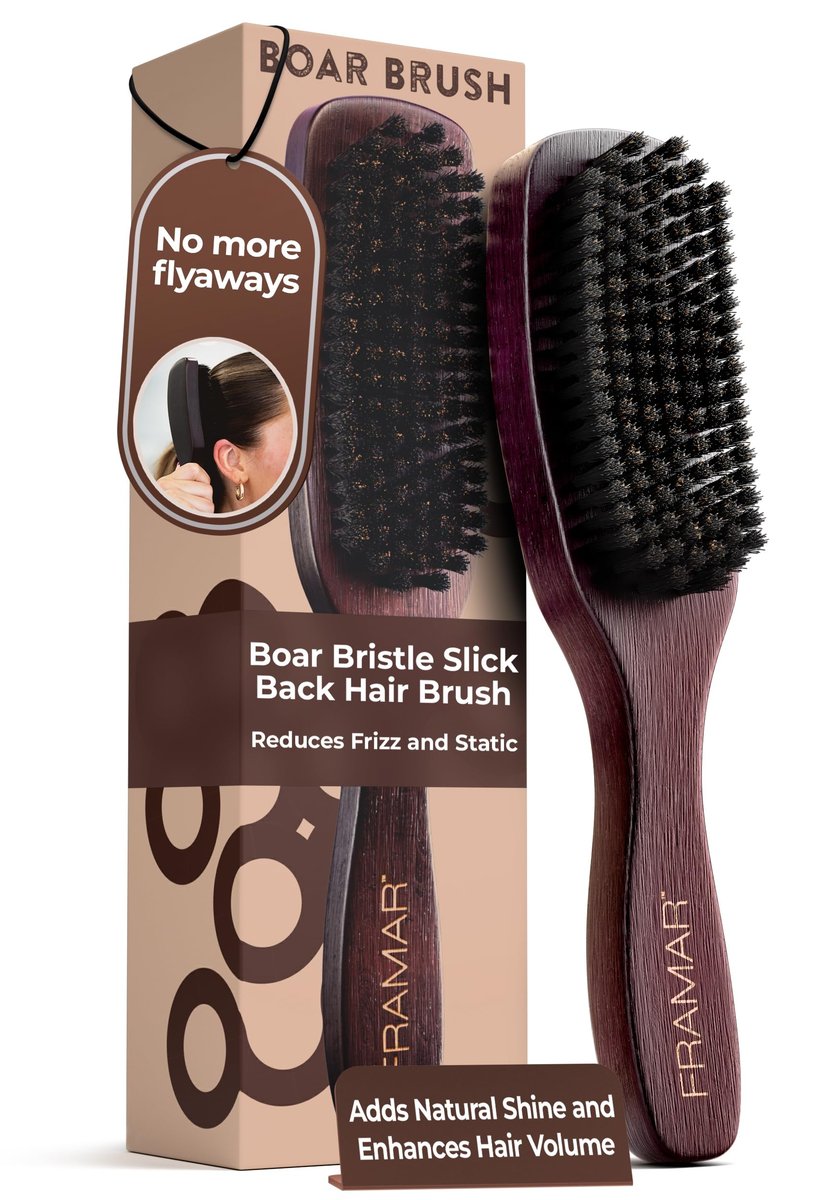FRAMAR Slick Back Hair Brush mit Wildschweinborsten – Glättende Haarbürste für feines Haar, Volumen und Glanz – Braun Samt