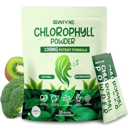 Swiyie Chlorophyll Pulver – 100mg Flüssiges Chlorophyll zum Trinken – Natürliches pflanzliches Entgiftungspräparat – Unterstützt Darm & Atem – Chlorophyll-Wasser-Formel – 10g x 30 Portionsbeutel