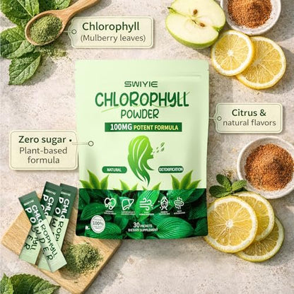 Swiyie Chlorophyll Pulver – 100mg Flüssiges Chlorophyll zum Trinken – Natürliches pflanzliches Entgiftungspräparat – Unterstützt Darm & Atem – Chlorophyll-Wasser-Formel – 10g x 30 Portionsbeutel