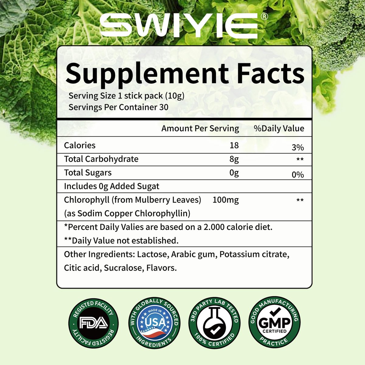 Swiyie Chlorophyll Pulver – 100mg Flüssiges Chlorophyll zum Trinken – Natürliches pflanzliches Entgiftungspräparat – Unterstützt Darm & Atem – Chlorophyll-Wasser-Formel – 10g x 30 Portionsbeutel