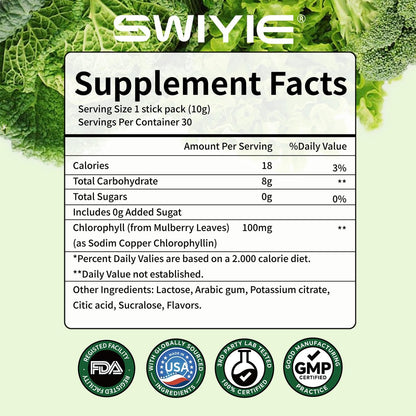 Swiyie Chlorophyll Pulver – 100mg Flüssiges Chlorophyll zum Trinken – Natürliches pflanzliches Entgiftungspräparat – Unterstützt Darm & Atem – Chlorophyll-Wasser-Formel – 10g x 30 Portionsbeutel