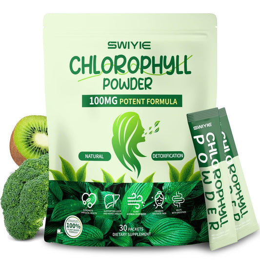 Swiyie Chlorophyll Pulver – 100mg Flüssiges Chlorophyll zum Trinken – Natürliches pflanzliches Entgiftungspräparat – Unterstützt Darm & Atem – Chlorophyll-Wasser-Formel – 10g x 30 Portionsbeutel