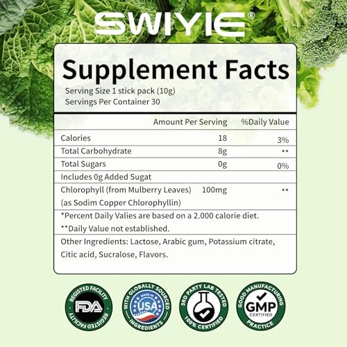 Swiyie Chlorophyll Pulver – 100mg Flüssiges Chlorophyll zum Trinken – Natürliches pflanzliches Entgiftungspräparat – Unterstützt Darm & Atem – Chlorophyll-Wasser-Formel – 10g x 30 Portionsbeutel