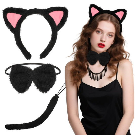 COMNICO Katzenohren-Stirnband Set mit Fliege und Schwanz – Schwarzes, weiches Plüsch-Katzenhaarband für Frauen, Halloween, Karneval, Anime, Cosplay, Partykostüm, Make-up-Fotorequisiten