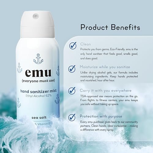 EMU (EVERYONE MUST USE) Hand Sanitizer Pocket Spray, Reisegröße 2,2 oz – Handdesinfektion mit Feuchtigkeit, 24-Stunden-Schutz, Hergestellt in den USA (3er-Pack Meersalz)