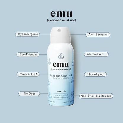 EMU (EVERYONE MUST USE) Hand Sanitizer Pocket Spray, Reisegröße 2,2 oz – Handdesinfektion mit Feuchtigkeit, 24-Stunden-Schutz, Hergestellt in den USA (3er-Pack Meersalz)