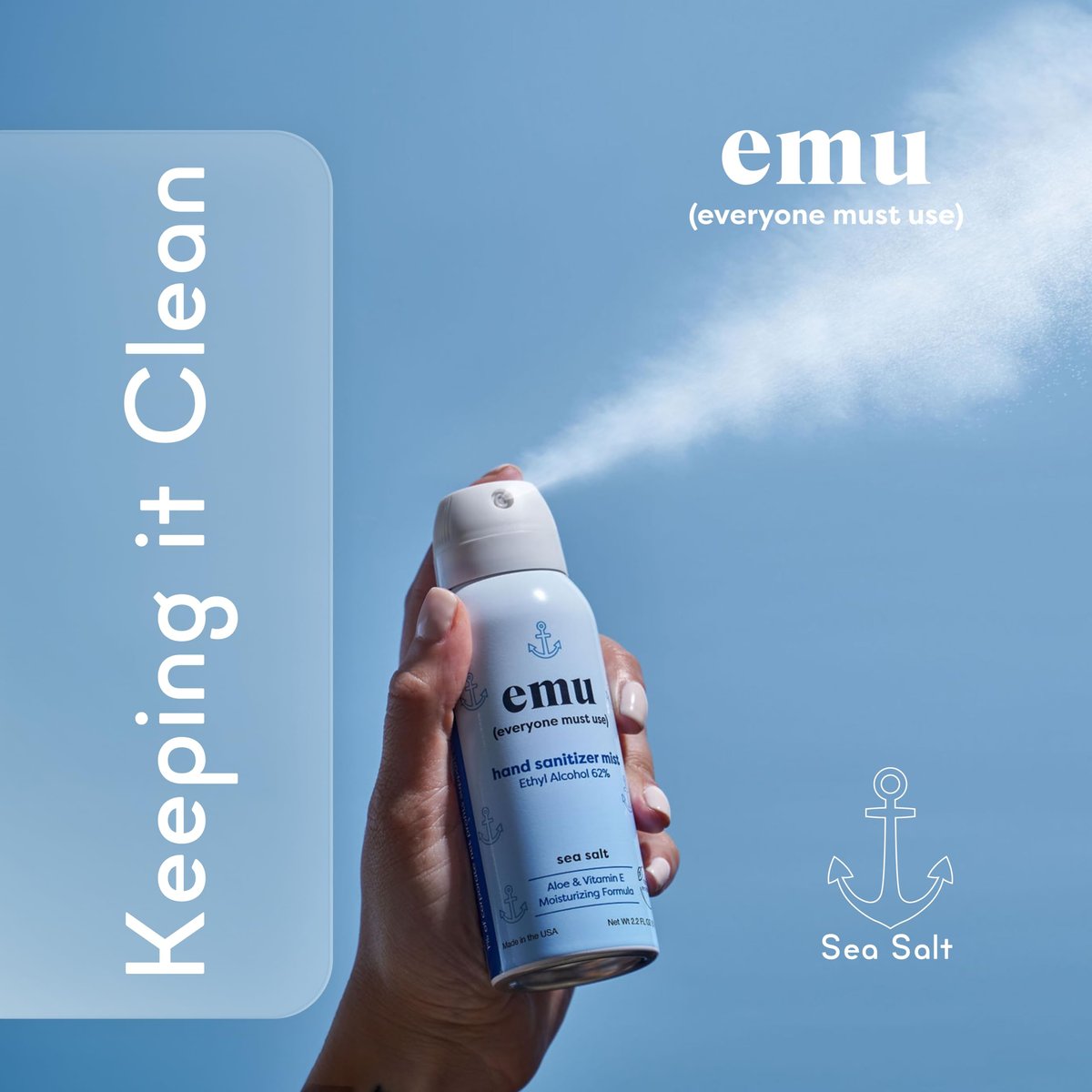 EMU (EVERYONE MUST USE) Hand Sanitizer Pocket Spray, Reisegröße 2,2 oz – Handdesinfektion mit Feuchtigkeit, 24-Stunden-Schutz, Hergestellt in den USA (3er-Pack Meersalz)