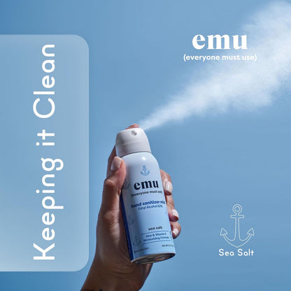 EMU (EVERYONE MUST USE) Hand Sanitizer Pocket Spray, Reisegröße 2,2 oz – Handdesinfektion mit Feuchtigkeit, 24-Stunden-Schutz, Hergestellt in den USA (3er-Pack Meersalz)