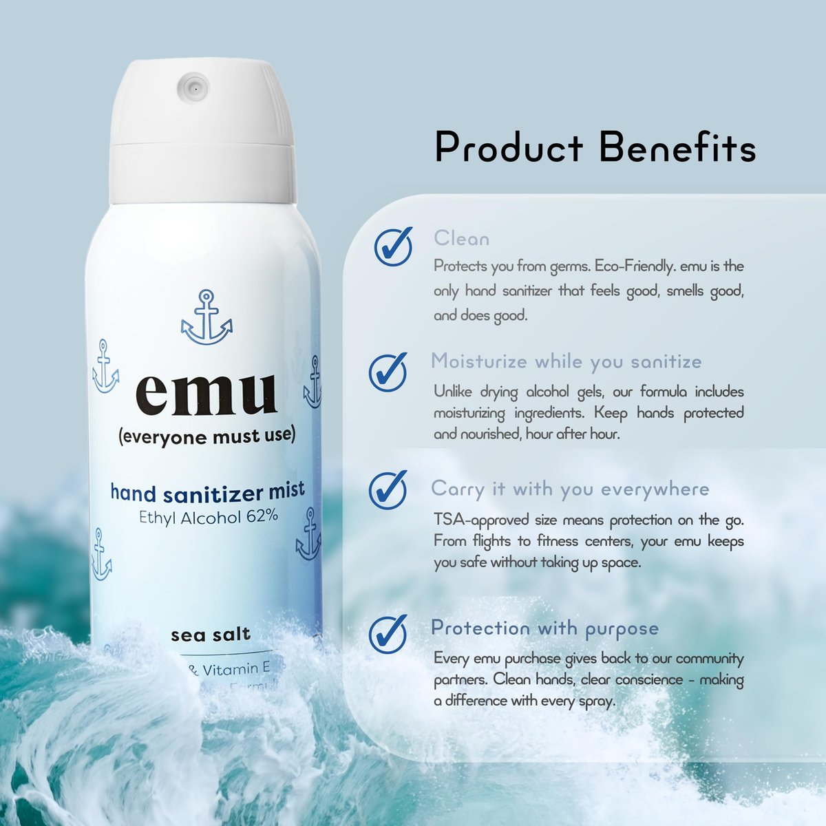 EMU (EVERYONE MUST USE) Hand Sanitizer Pocket Spray, Reisegröße 2,2 oz – Handdesinfektion mit Feuchtigkeit, 24-Stunden-Schutz, Hergestellt in den USA (3er-Pack Meersalz)