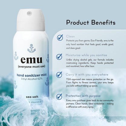 EMU (EVERYONE MUST USE) Hand Sanitizer Pocket Spray, Reisegröße 2,2 oz – Handdesinfektion mit Feuchtigkeit, 24-Stunden-Schutz, Hergestellt in den USA (3er-Pack Meersalz)