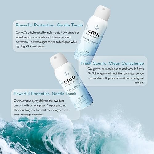 EMU (EVERYONE MUST USE) Hand Sanitizer Pocket Spray, Reisegröße 2,2 oz – Handdesinfektion mit Feuchtigkeit, 24-Stunden-Schutz, Hergestellt in den USA (3er-Pack Meersalz)