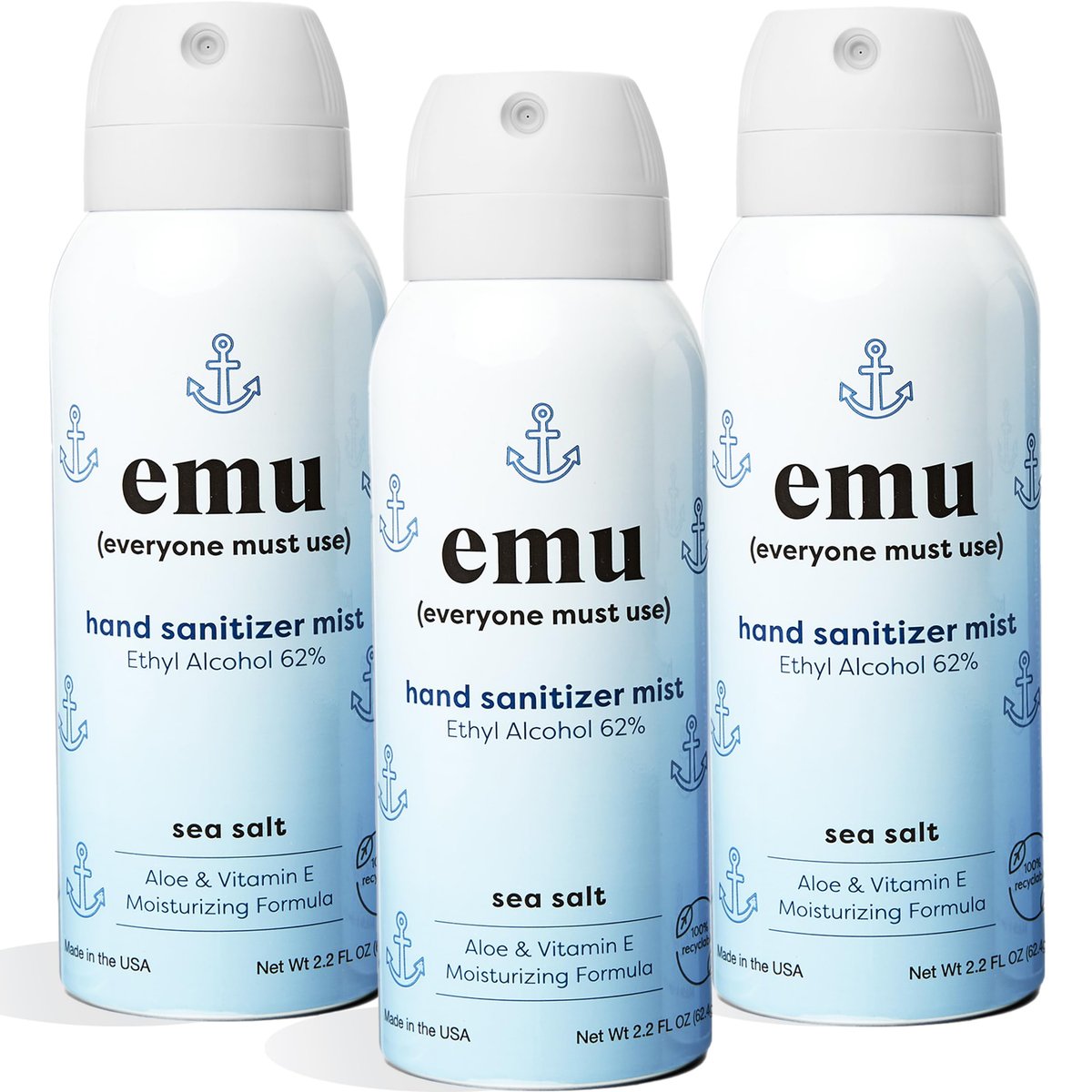 EMU (EVERYONE MUST USE) Hand Sanitizer Pocket Spray, Reisegröße 2,2 oz – Handdesinfektion mit Feuchtigkeit, 24-Stunden-Schutz, Hergestellt in den USA (3er-Pack Meersalz)
