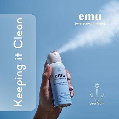 EMU (EVERYONE MUST USE) Hand Sanitizer Pocket Spray, Reisegröße 2,2 oz – Handdesinfektion mit Feuchtigkeit, 24-Stunden-Schutz, Hergestellt in den USA (3er-Pack Meersalz)