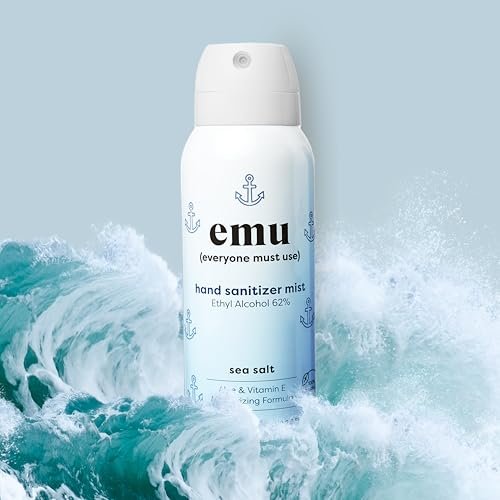 EMU (EVERYONE MUST USE) Hand Sanitizer Pocket Spray, Reisegröße 2,2 oz – Handdesinfektion mit Feuchtigkeit, 24-Stunden-Schutz, Hergestellt in den USA (3er-Pack Meersalz)