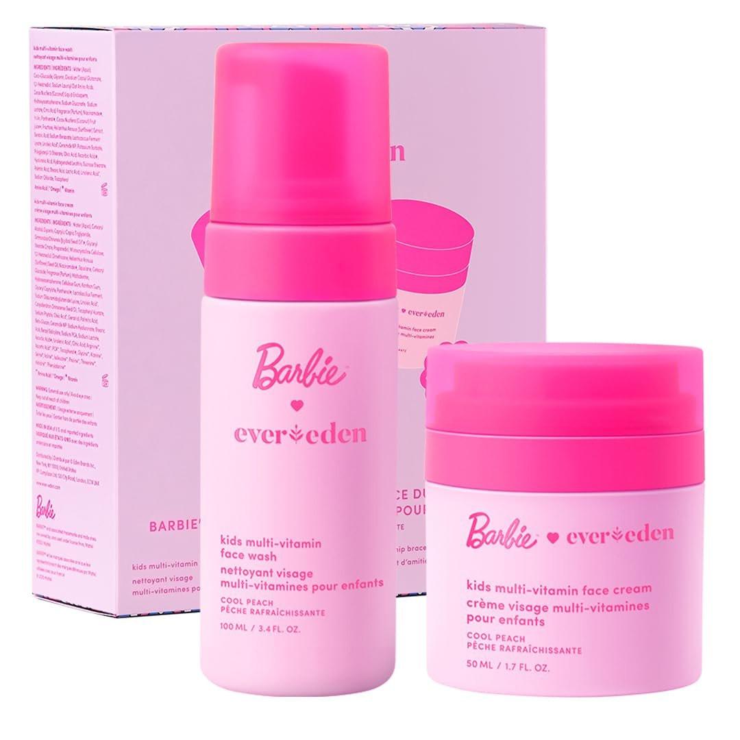 Evereden Barbie Limited Edition Kids Happy Face Duo + Exklusive Accessoires | Multi-Vitamin Gesichtsreinigung & Creme Set mit Stickern + Armbändern | Saubere Hautpflege für Kinder ab 3 | Barbie Geschenkbox