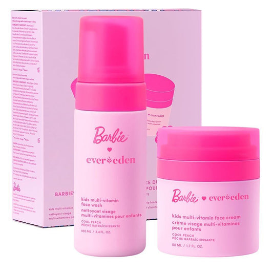 Evereden Barbie Limited Edition Kids Happy Face Duo + Exklusive Accessoires | Multi-Vitamin Gesichtsreinigung & Creme Set mit Stickern + Armbändern | Saubere Hautpflege für Kinder ab 3 | Barbie Geschenkbox