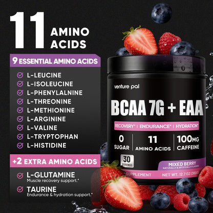 Zuckerfreies 7g BCAA + EAA Pulver | Unterstützt Muskelerholung, Wachstum, Kraft & Ausdauer – 11 essentielle Aminosäuren mit L-Glutamin, Koffein, Vitaminen & Elektrolyten für Energie & Hydration