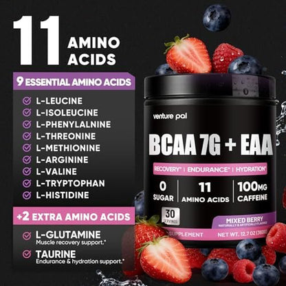 Zuckerfreies 7g BCAA + EAA Pulver | Unterstützt Muskelerholung, Wachstum, Kraft & Ausdauer – 11 essentielle Aminosäuren mit L-Glutamin, Koffein, Vitaminen & Elektrolyten für Energie & Hydration