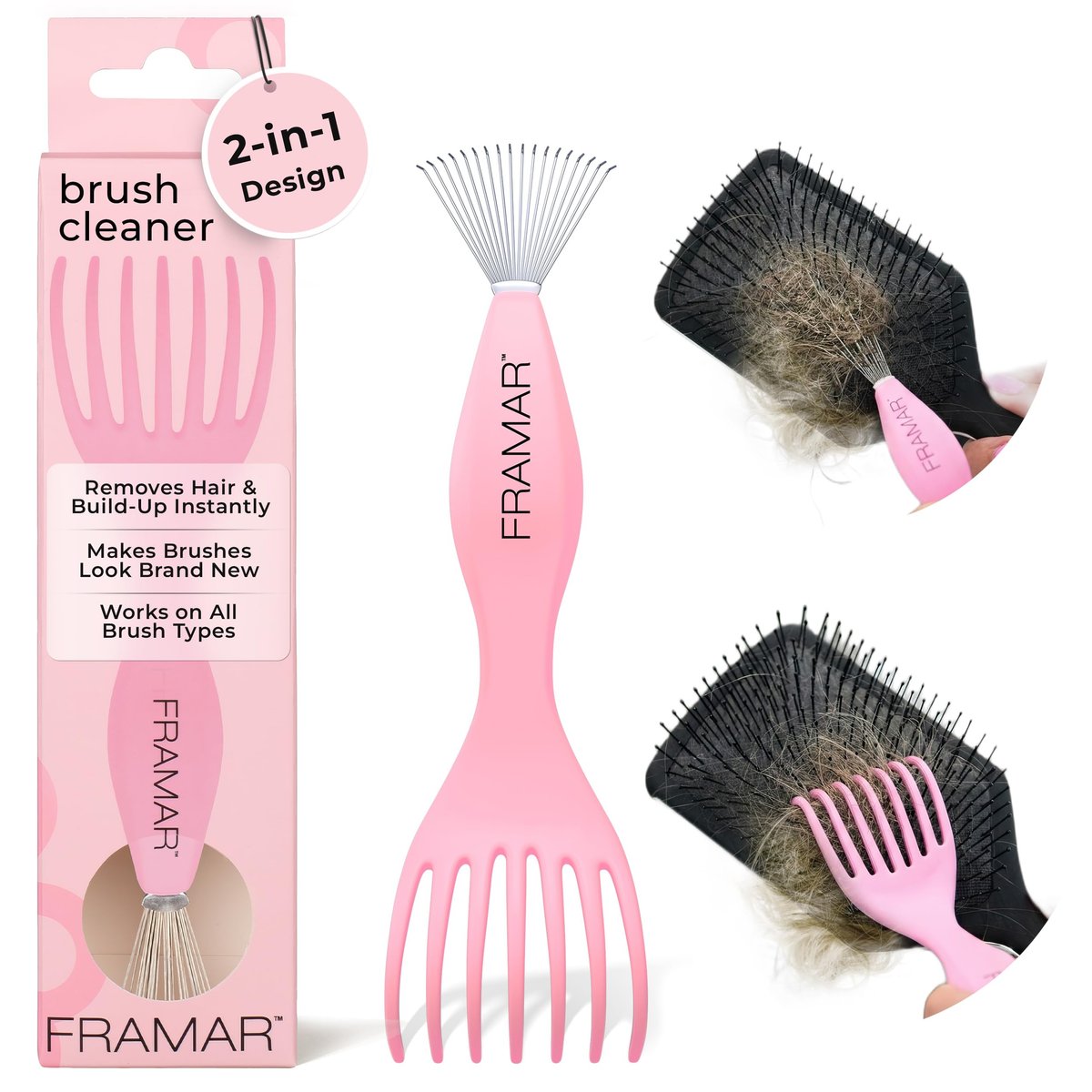 FRAMAR Premium Haarbürsten-Reiniger – Bürstenreiniger für alle Typen, 2-in-1 Design entfernt Haare und Ablagerungen sofort – Pink
