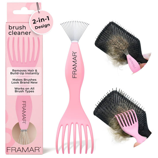 FRAMAR Premium Haarbürsten-Reiniger – Bürstenreiniger für alle Typen, 2-in-1 Design entfernt Haare und Ablagerungen sofort – Pink