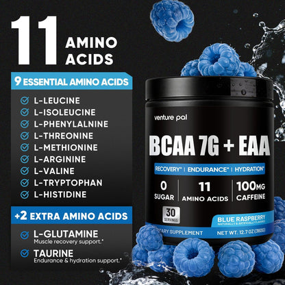 Zuckerfreies 7g BCAA + EAA Pulver | Unterstützt Muskelregeneration, Wachstum, Kraft & Ausdauer – 12 essentielle Aminosäuren mit L-Glutamin, Koffein, Vitaminen & Elektrolyten für Energie & Hydratation