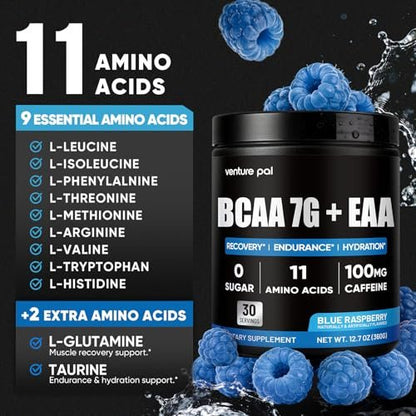 Zuckerfreies 7g BCAA + EAA Pulver | Unterstützt Muskelregeneration, Wachstum, Kraft & Ausdauer – 12 essentielle Aminosäuren mit L-Glutamin, Koffein, Vitaminen & Elektrolyten für Energie & Hydratation