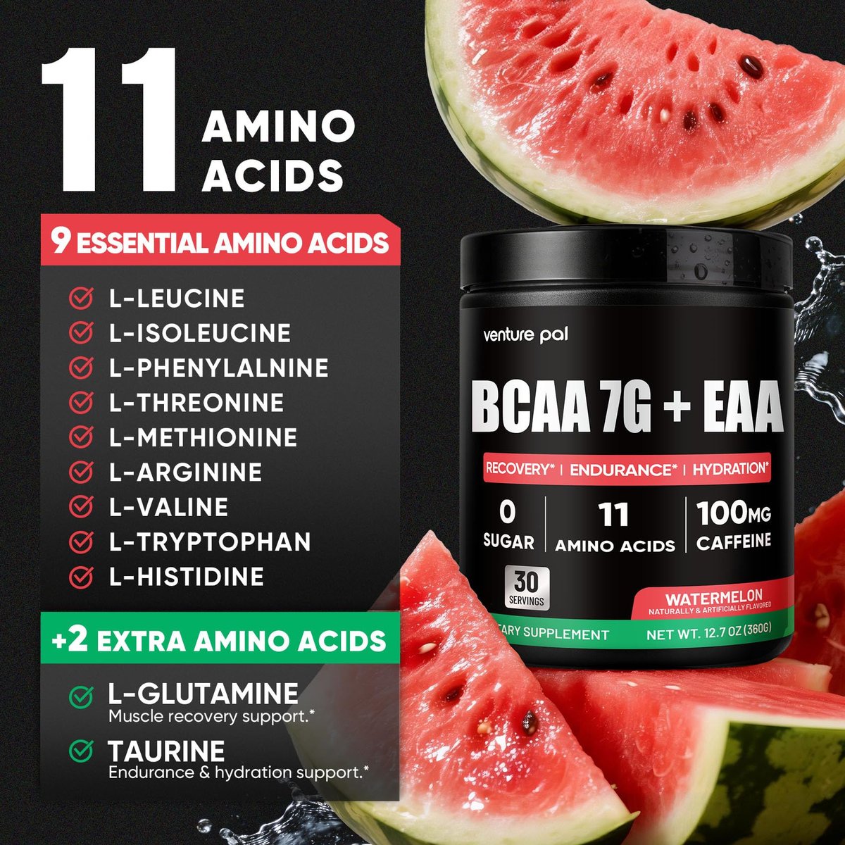 Zuckerfreies 7g BCAA + EAA Pulver | Unterstützt Muskelregeneration, Wachstum, Kraft & Ausdauer – 10 essentielle Aminosäuren mit L-Glutamin, Koffein, Vitaminen & Elektrolyten für Energie & Hydration