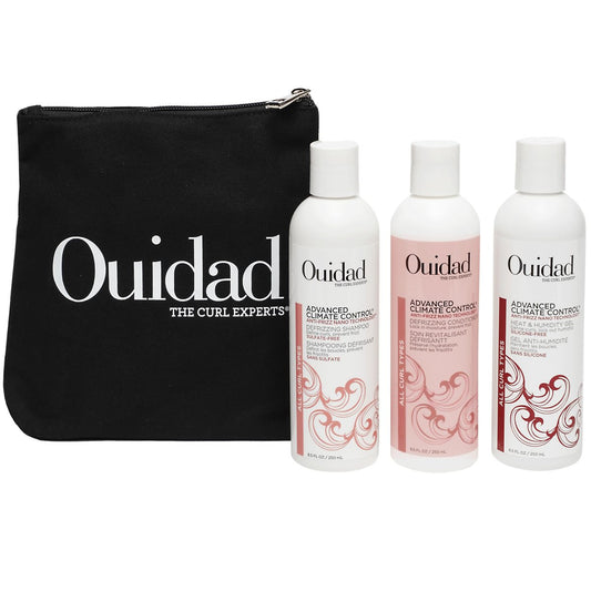Ouidad Frizz-Free Wash Day Hair Care Kit für lockiges Haar – Anti-Frizz Advanced Climate Control Shampoo, Conditioner & Gel – definiert Locken, kämpft gegen Luftfeuchtigkeit, verleiht Glanz – inklusive Canvas-Tasche, 3-teiliges Set