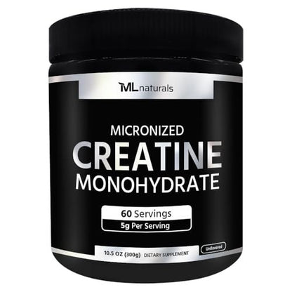 ML Naturals Micronisiertes Kreatin Monohydrat 5 g pro Portion – 300 g (10,5 oz) – 60 Portionen – Unterstützt Muskelwachstum & Kraft – 200 Mesh Reines Pulver