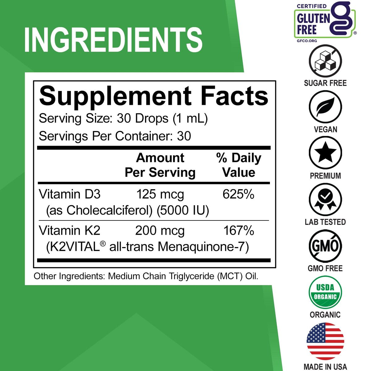 Vitamin D3 K2 Liquid Drops - Organisches D3K2 Vitamin D3 K2 Tropfen flüssig Nahrungsergänzung MCT-Öl für Erwachsene & Kinder, Calciumaufnahme starke Knochen - Vit D und K 5000 IE, Vitamine D + K MK7 30 ml