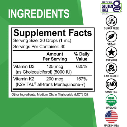 Vitamin D3 K2 Liquid Drops - Organisches D3K2 Vitamin D3 K2 Tropfen flüssig Nahrungsergänzung MCT-Öl für Erwachsene & Kinder, Calciumaufnahme starke Knochen - Vit D und K 5000 IE, Vitamine D + K MK7 30 ml