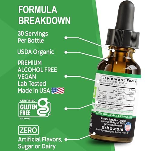 Vitamin D3 K2 Liquid Drops - Organisches D3K2 Vitamin D3 K2 Tropfen flüssig Nahrungsergänzung MCT-Öl für Erwachsene & Kinder, Calciumaufnahme starke Knochen - Vit D und K 5000 IE, Vitamine D + K MK7 30 ml