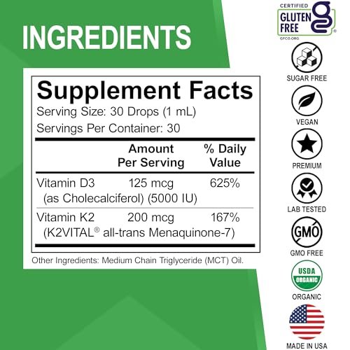 Vitamin D3 K2 Liquid Drops - Organisches D3K2 Vitamin D3 K2 Tropfen flüssig Nahrungsergänzung MCT-Öl für Erwachsene & Kinder, Calciumaufnahme starke Knochen - Vit D und K 5000 IE, Vitamine D + K MK7 30 ml
