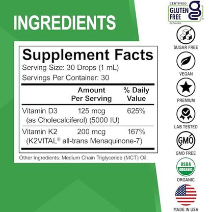 Vitamin D3 K2 Liquid Drops - Organisches D3K2 Vitamin D3 K2 Tropfen flüssig Nahrungsergänzung MCT-Öl für Erwachsene & Kinder, Calciumaufnahme starke Knochen - Vit D und K 5000 IE, Vitamine D + K MK7 30 ml