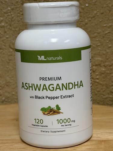 ML Naturals Bio Ashwagandha Pulver 600 mg, Ashwagandha Extrakt 400 mg, Schwarzer Pfeffer Extrakt 10 mg (pro Portion) – 120 vegane Kapseln