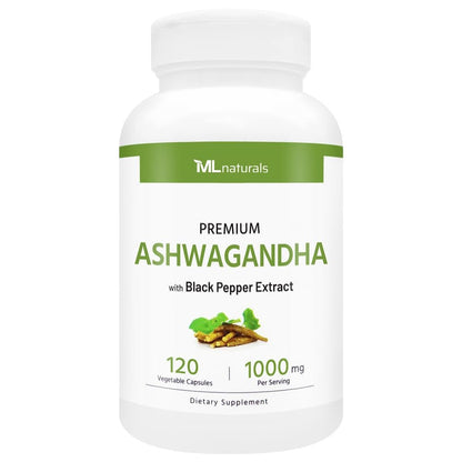 ML Naturals Bio Ashwagandha Pulver 600 mg, Ashwagandha Extrakt 400 mg, Schwarzer Pfeffer Extrakt 10 mg (pro Portion) – 120 vegane Kapseln