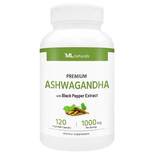 ML Naturals Bio Ashwagandha Pulver 600 mg, Ashwagandha Extrakt 400 mg, Schwarzer Pfeffer Extrakt 10 mg (pro Portion) – 120 vegane Kapseln