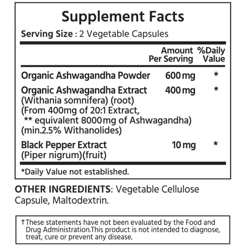 ML Naturals Bio Ashwagandha Pulver 600 mg, Ashwagandha Extrakt 400 mg, Schwarzer Pfeffer Extrakt 10 mg (pro Portion) – 120 vegane Kapseln