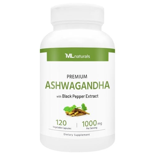 ML Naturals Bio Ashwagandha Pulver 600 mg, Ashwagandha Extrakt 400 mg, Schwarzer Pfeffer Extrakt 10 mg (pro Portion) – 120 vegane Kapseln