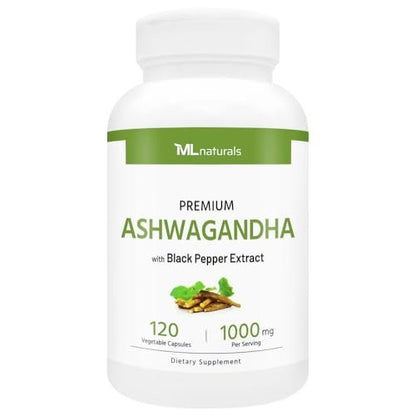 ML Naturals Bio Ashwagandha Pulver 600 mg, Ashwagandha Extrakt 400 mg, Schwarzer Pfeffer Extrakt 10 mg (pro Portion) – 120 vegane Kapseln