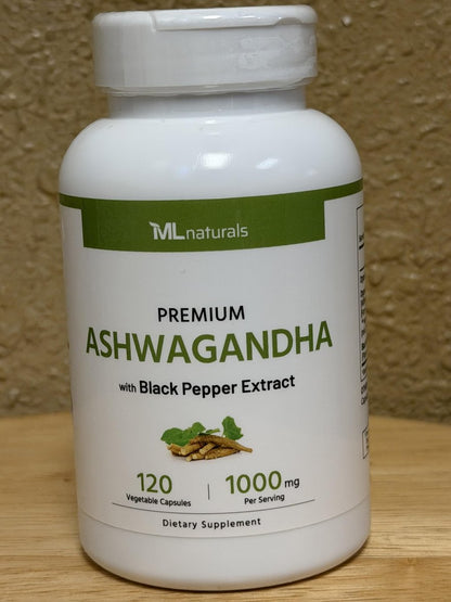 ML Naturals Bio Ashwagandha Pulver 600 mg, Ashwagandha Extrakt 400 mg, Schwarzer Pfeffer Extrakt 10 mg (pro Portion) – 120 vegane Kapseln