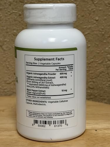 ML Naturals Bio Ashwagandha Pulver 600 mg, Ashwagandha Extrakt 400 mg, Schwarzer Pfeffer Extrakt 10 mg (pro Portion) – 120 vegane Kapseln