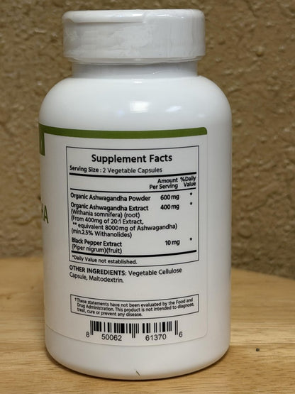 ML Naturals Bio Ashwagandha Pulver 600 mg, Ashwagandha Extrakt 400 mg, Schwarzer Pfeffer Extrakt 10 mg (pro Portion) – 120 vegane Kapseln