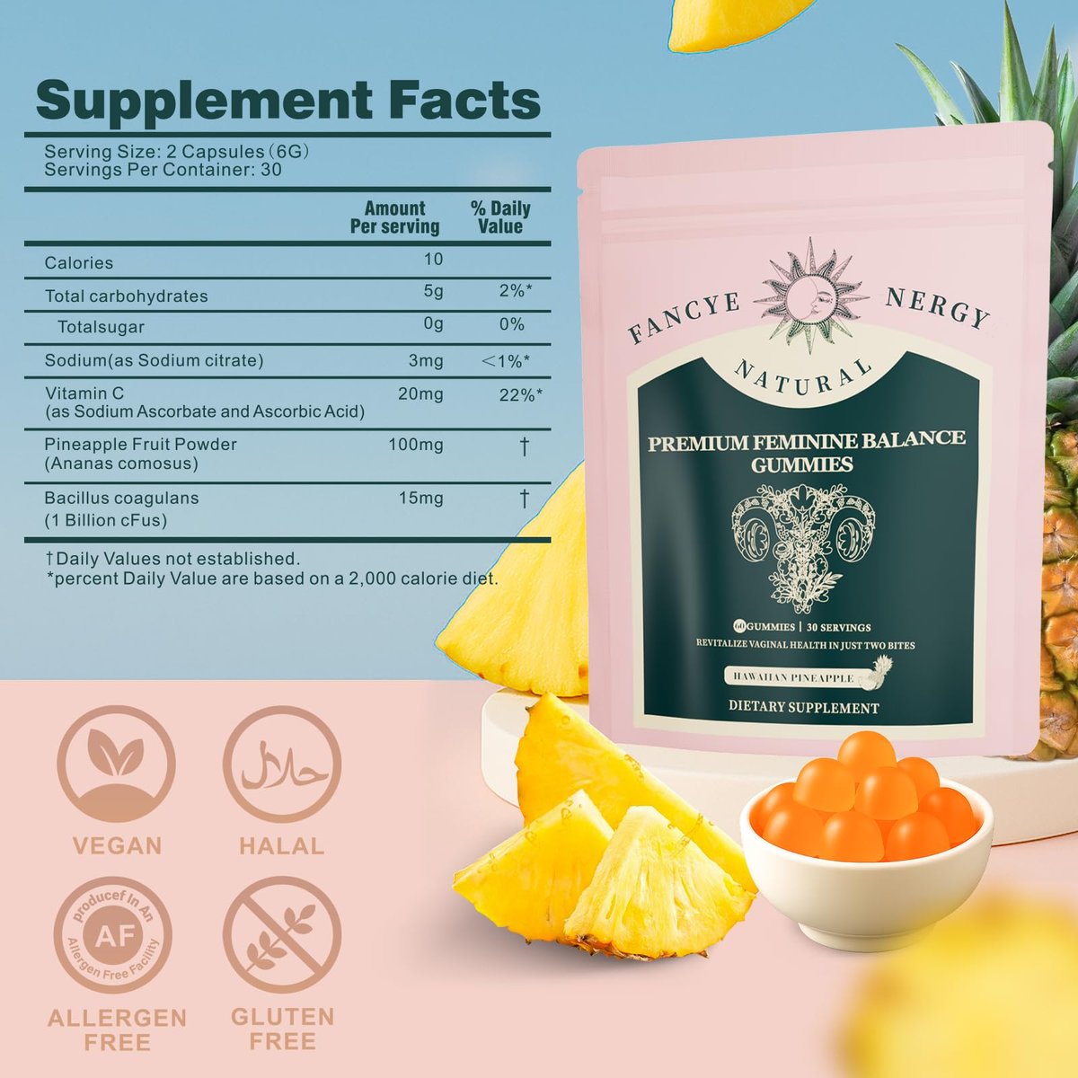 Vaginal Probiotika für Frauen – Premium Feminin Balance Gummibärchen mit hawaiianischem Ananasgeschmack, Unterstützung für gesunden Geruch und Vaginalflora, pH-Gleichgewicht, Verdauungsgesundheit & Immununterstützung, vegan, 60 Stück