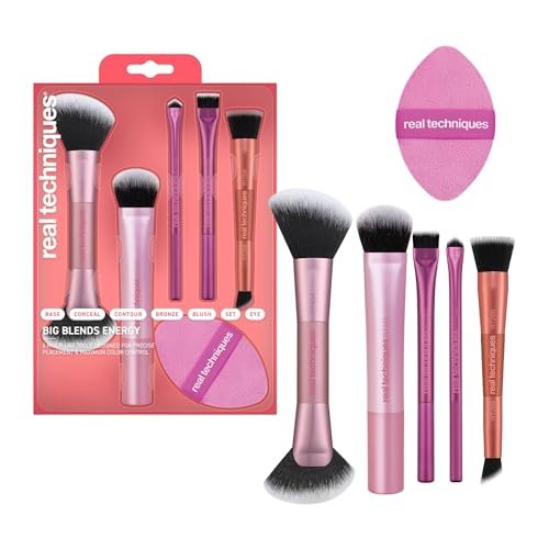 Real Techniques Big Blends Energy Pinsel + Dual-Sided Puff Kit, 6-teiliges Gesichts-Make-up-Pinsel-Set für Foundation, Concealer, Puder & Rouge, Reisefreundlich, Tierversuchsfrei & Vegan