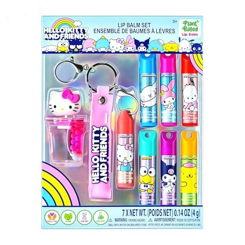 Hello Kitty und Freunde 7er-Pack Lippenbalsam mit Schlüsselanhänger, pflanzlicher Lippenbalsam für Mädchen und Kinder, von Townley Girl