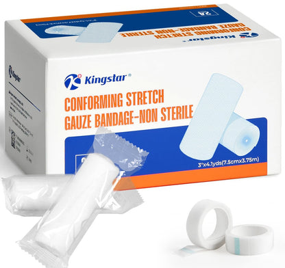 K Kingstar Mullbinden 3 Zoll x 4,1 Yards, 24 Rollen Konformierende Stretch-Gaze-Bandage, einzeln verpackt inklusive medizinischem Klebeband