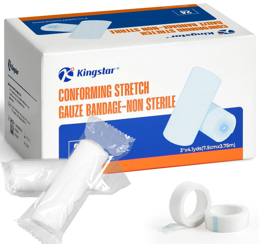 K Kingstar Mullbinden 3 Zoll x 4,1 Yards, 24 Rollen Konformierende Stretch-Gaze-Bandage, einzeln verpackt inklusive medizinischem Klebeband